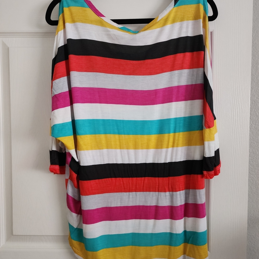a.n.a Multicolor Striped Scoop Neck Top - Pink, Teal, Yellow, Black & White - Picture 4 of 4